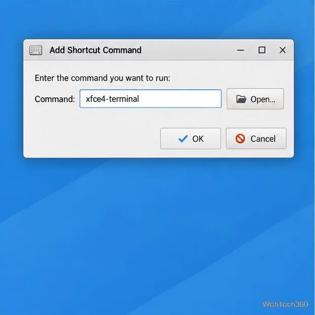 Boîte de dialogue Xfce Ajouter une commande de raccourci avec xfce4-terminal saisi dans le champ Commande et un bouton Ouvrir pour la navigation
