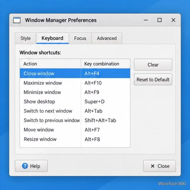 Préférences du gestionnaire de fenêtres Xfce, onglet Clavier, affichant les actions sur les fenêtres, les combinaisons de touches, l'option Effacer et Réinitialiser par défaut
