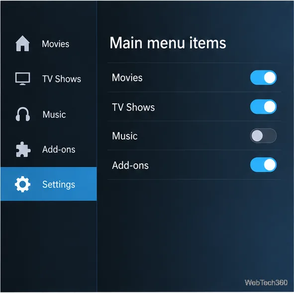Панель главного меню в стиле Kodi с переключателями «Фильмы», «Телешоу», «Музыка» и «Дополнения».