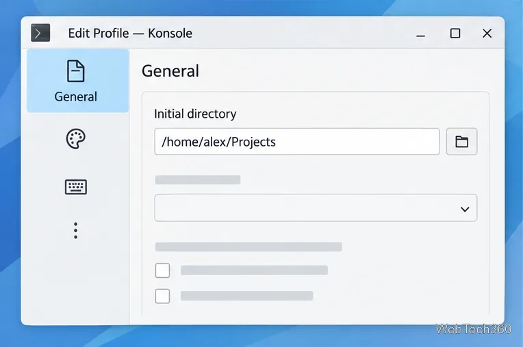 The General profile page shows Initial directory set to /home/alex/Projects.