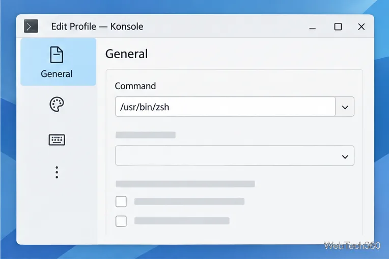 The General profile page shows the Command field set to /usr/bin/zsh.