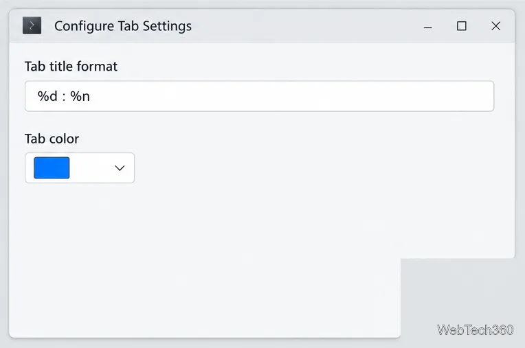 The Configure Tab Settings dialog shows the %d : %n title format and a tab color selector.