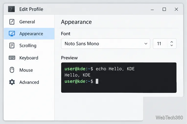 The Appearance profile page shows Noto Sans Mono at 11 points with a terminal preview.