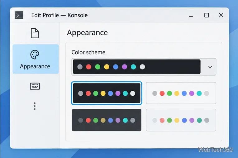 The Appearance profile page displays dark and light terminal color scheme previews.