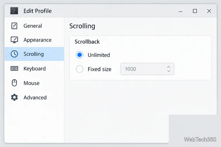 The Scrolling profile page shows Unlimited selected for scrollback.