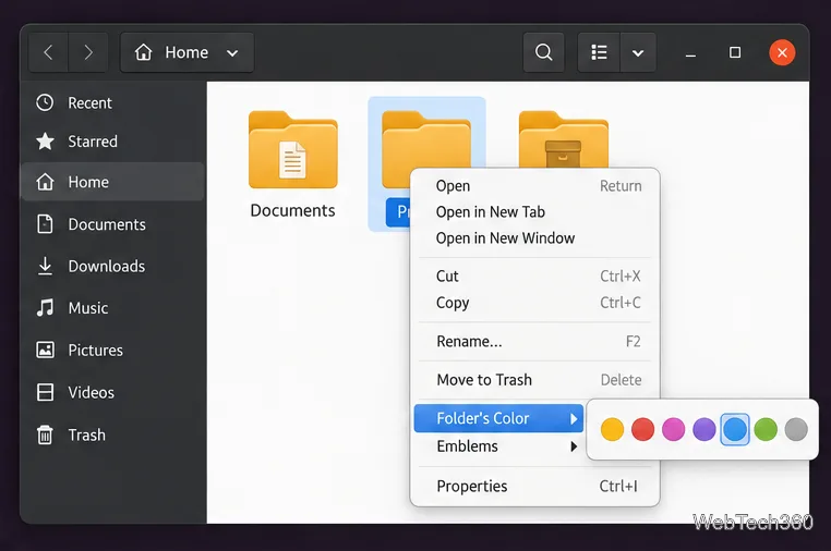 GNOME Files context menu open to Folder’s Color with several color swatches