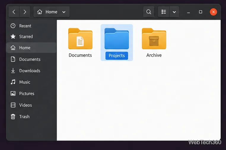 The Projects folder displayed as a blue icon beside unchanged Documents and Archive folders