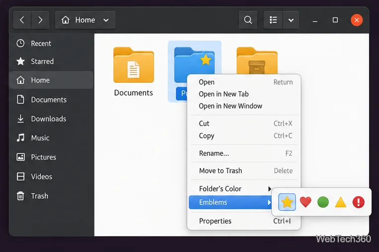 GNOME Files Emblems submenu showing a favorite star emblem on the selected blue Projects folder