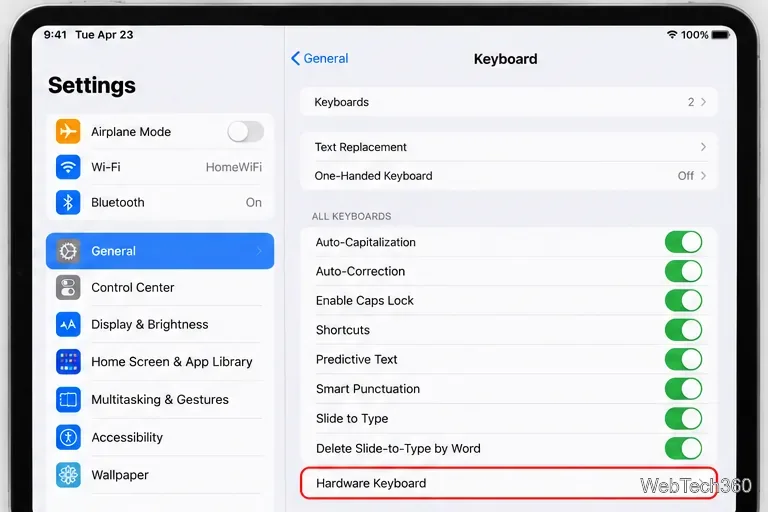 iPad Keyboard settings with Hardware Keyboard highlighted near the bottom of the screen
