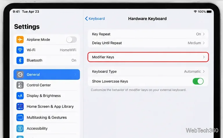 iPad Hardware Keyboard settings with the Modifier Keys option highlighted