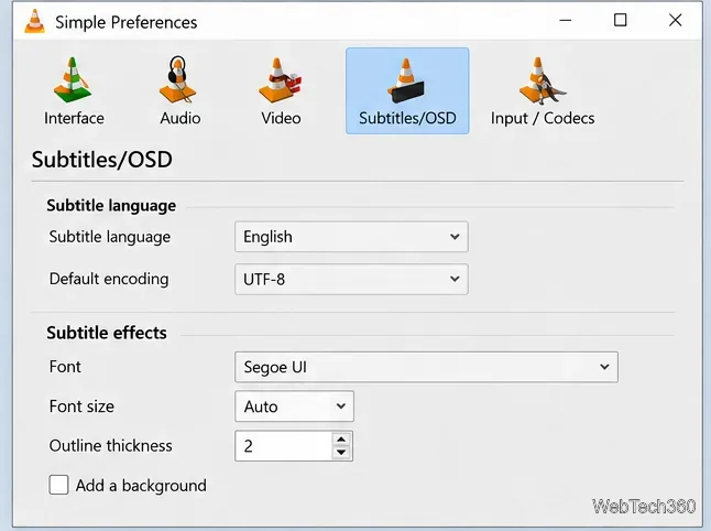 O painel de preferências simplificado de Legendas/OSD mostra as opções Fonte, Tamanho da fonte (Automático), Espessura do contorno e Adicionar um plano de fundo.