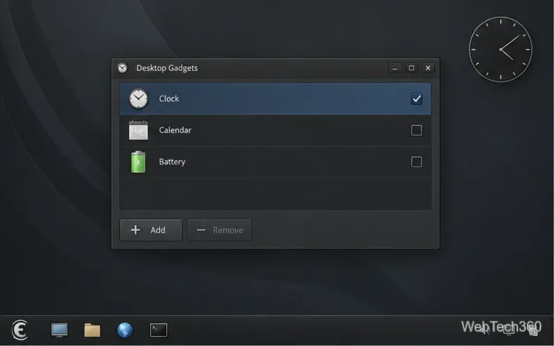 Lista de gadgets da área de trabalho: Relógio, Calendário e Bateria, com controles para Adicionar e Remover.
