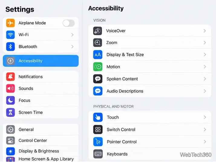 Setări de accesibilitate pentru iPad cu Control indicator vizibil în secțiunea Fizic și motor.