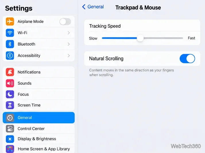 Setările generale ale iPad-ului afișează pagina Trackpad și mouse cu comenzile Viteză de urmărire și Derulare naturală.