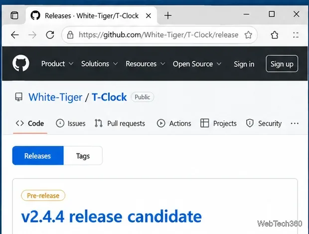 A página de lançamentos do White-Tiger T-Clock no GitHub apresenta a versão 2.4.4, rotulada como candidata a lançamento.