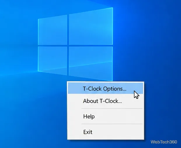 Menu de contexto da barra de tarefas do T-Clock com as Opções do T-Clock selecionadas