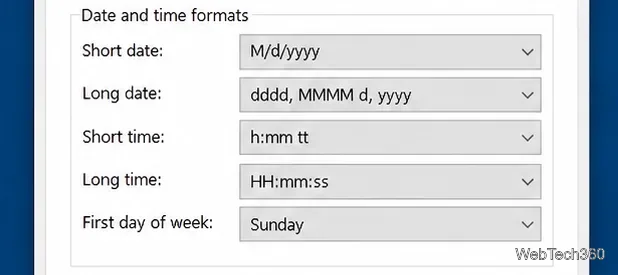 Controles de formato de região mostrando formatos de data e hora curtos e longos