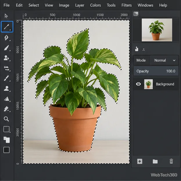 GIMPの選択範囲を反転させ、マーチングアンツがキャンバスの端と植物の輪郭を描くようにしました。