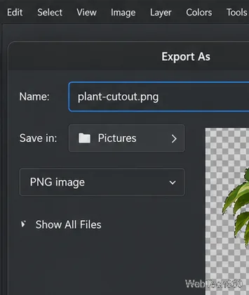 GIMPのエクスポートダイアログで、名前フィールドにplant-cutout.pngと入力し、PNG画像を選択
