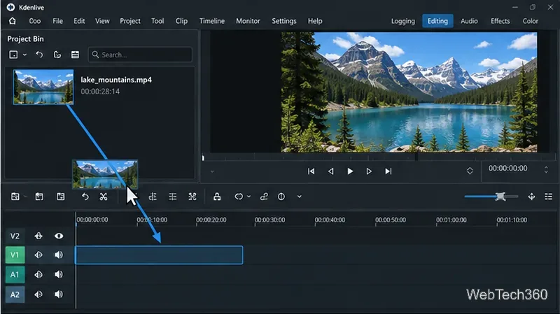 A landscape video clip being dragged from Kdenlive’s Project Bin toward the V1 timeline track