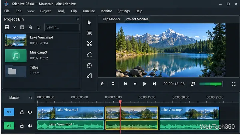 The middle video and audio segments selected in yellow between two cuts on the Kdenlive timeline