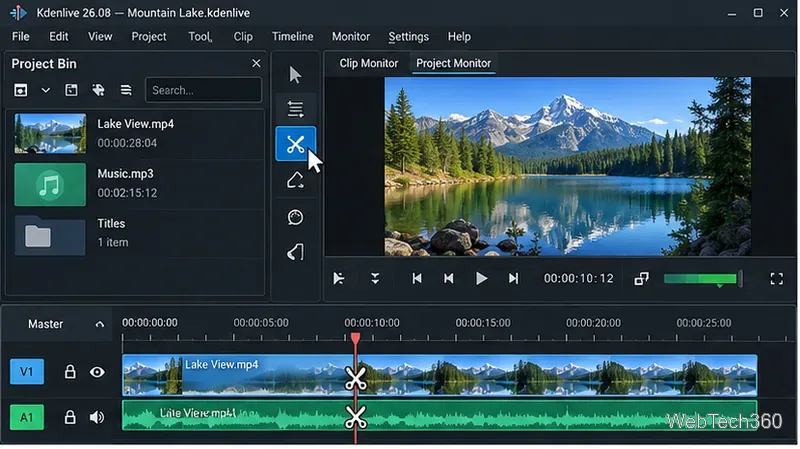 Kdenlive Razor Tool selected, with aligned video and audio clips split at the red playhead