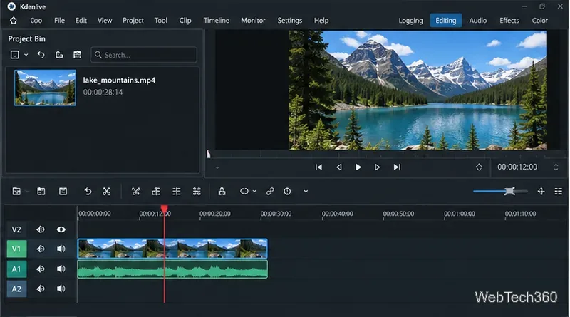 A landscape clip with its audio waveform aligned on Kdenlive’s timeline and the playhead visible