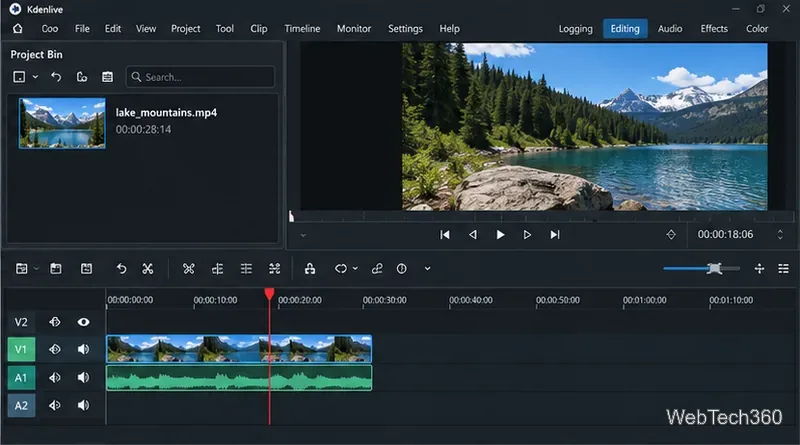Kdenlive Project Monitor paused on a landscape frame with the red timeline playhead at the chosen edit point