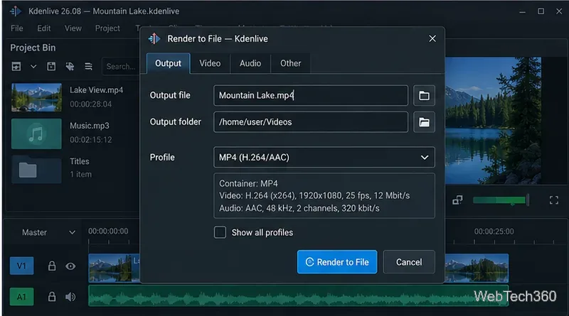 Kdenlive Render to File dialog showing output filename, folder, MP4 profile, and render button