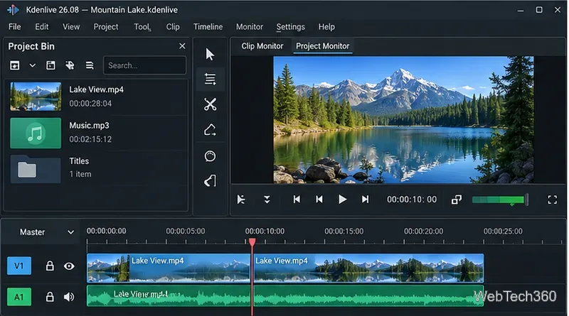 The remaining Kdenlive video segments meet at the edit point, with the audio waveform still aligned and no gap