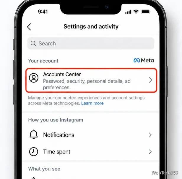 Écran des paramètres et de l'activité d'Instagram, avec le Centre des comptes mis en évidence.