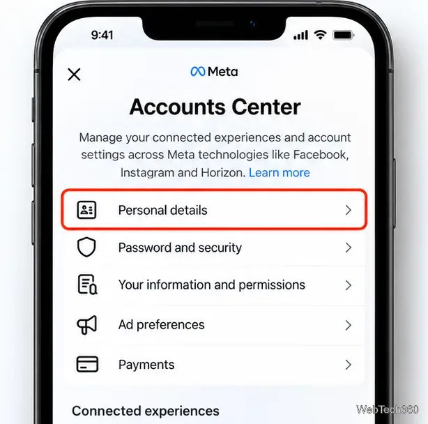 Écran du Centre de comptes Meta avec les informations personnelles affichées.