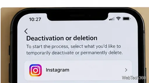 Écran de désactivation ou de suppression affichant une sélection de compte Instagram.