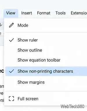 Google Docs View menu with Show non-printing characters selected