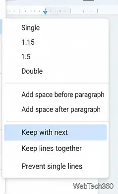 Google Docs line and paragraph spacing menu showing Keep with next, Keep lines together, and Prevent single lines