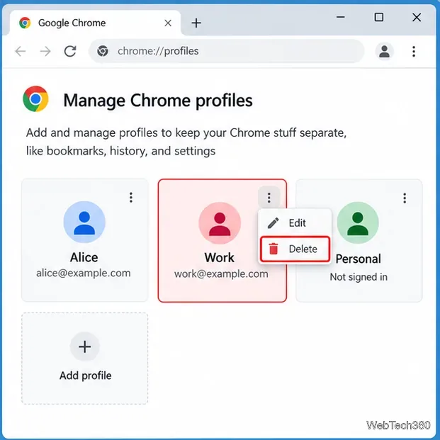 Chromeのプロファイル管理画面で、仕事用プロファイルの「その他」メニューと「削除」オプションが表示されます。