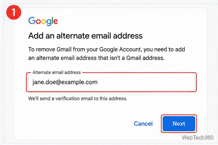 Saisissez une adresse e-mail alternative non-Gmail pour continuer à utiliser les autres services Google.
