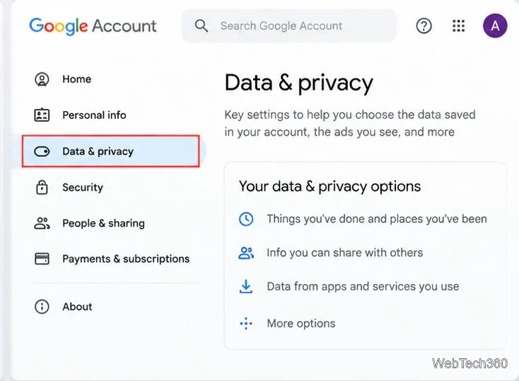 Sélectionnez « Données et confidentialité » dans les paramètres de votre compte Google.