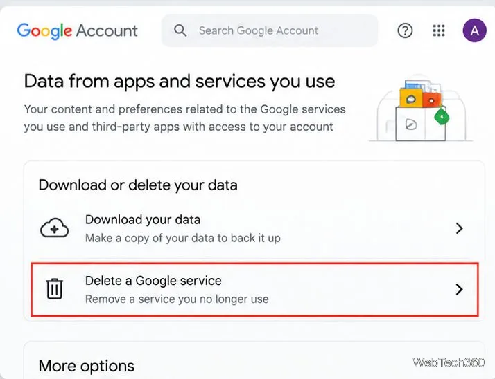 Trouvez l'option « Supprimer un service Google » dans les paramètres de données et de confidentialité.