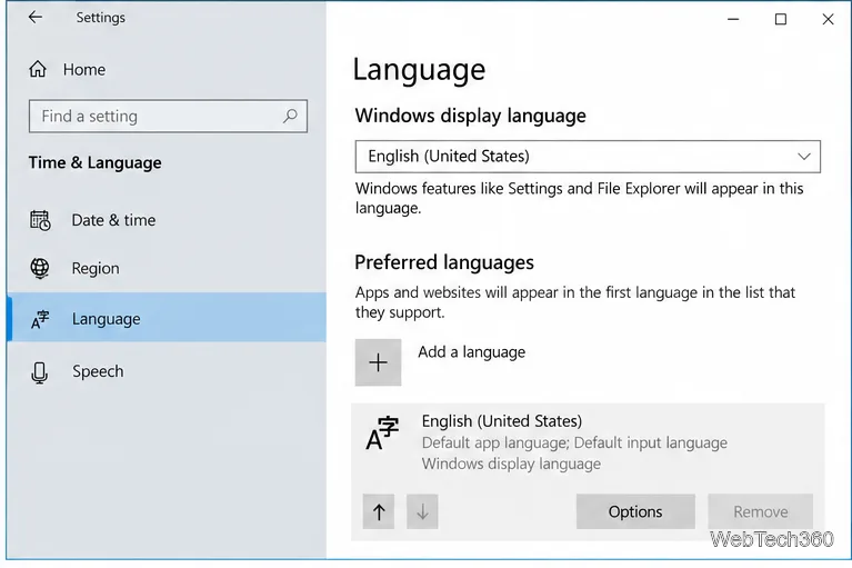 หน้าการตั้งค่าภาษาของ Windows 10 โดยมีแถวภาษาอังกฤษ (สหรัฐอเมริกา) และปุ่มตัวเลือกปรากฏให้เห็น