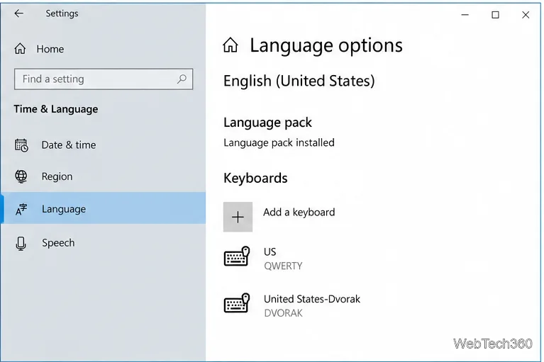 หน้าตัวเลือกภาษาของ Windows 10 แสดงส่วนแป้นพิมพ์ที่มีตัวเลือก US และ United States-Dvorak