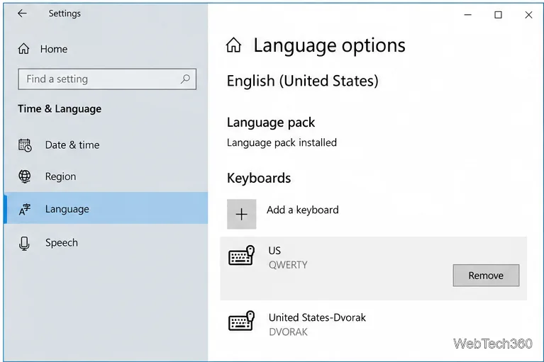 หน้าตัวเลือกภาษาของ Windows 10 โดยเลือกเค้าโครงแป้นพิมพ์แบบสหรัฐอเมริกาไว้ และมีปุ่ม "ลบ" แสดงอยู่