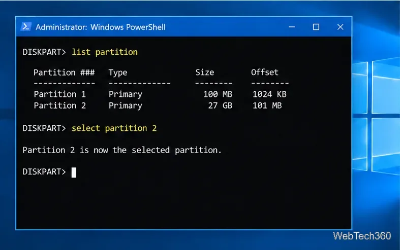 Вывод команды DiskPart list partition с выбранным разделом 2 на текущем диске