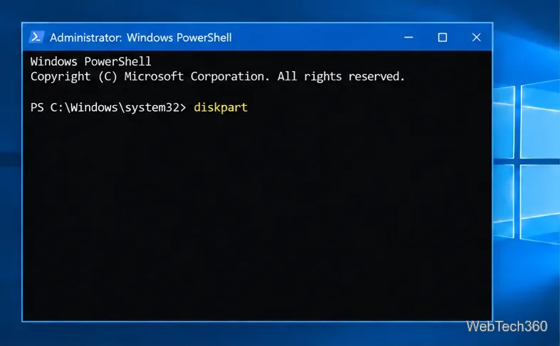 Окно Windows PowerShell с правами администратора, в командной строке которого введен параметр diskpart.