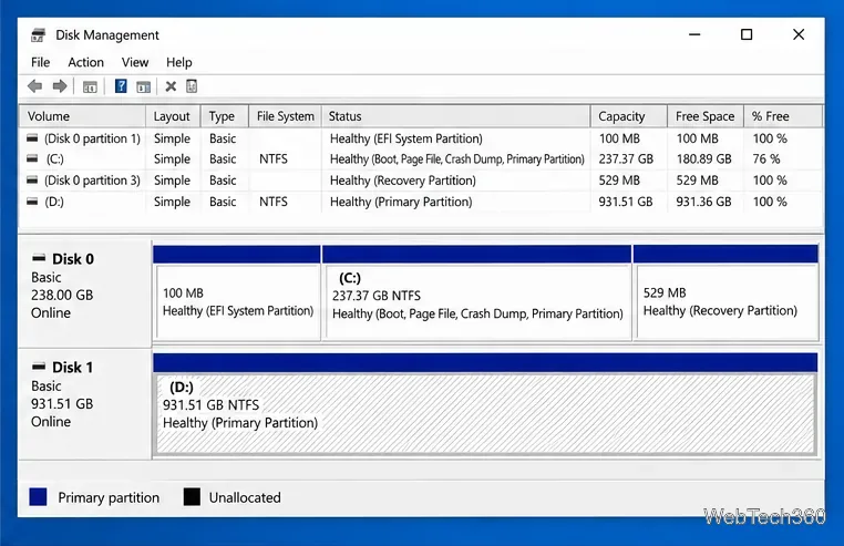 В разделе «Управление дисками» отображается диск Windows 0 с разделами EFI, C: и восстановления, а также отдельный диск 1, содержащий том данных D:.