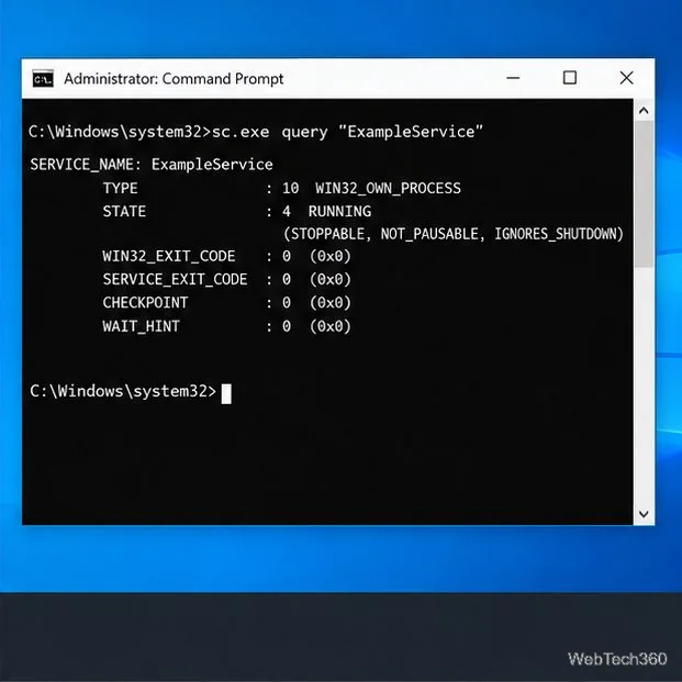 หน้าต่าง Command Prompt ของผู้ดูแลระบบ กำลังตรวจสอบสถานะของตัวอย่าง ExampleService ซึ่งเป็นตัวยึดตำแหน่ง