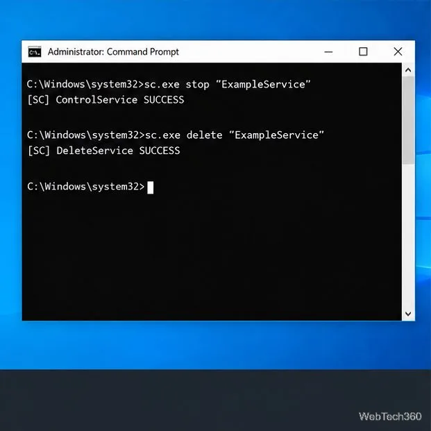 หน้าต่าง Command Prompt ของผู้ดูแลระบบแสดงคำสั่ง sc.exe stop และ sc.exe delete สำหรับตัวอย่าง ExampleService