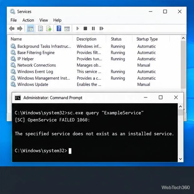 รายการบริการของ Windows 10 หลังจากลบออกแล้ว จะแสดงข้อความแจ้งว่า ExampleService ไม่ได้ติดตั้งอยู่