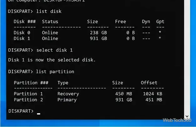 DiskPart showing list disk, select disk 1, and list partition commands for a secondary drive