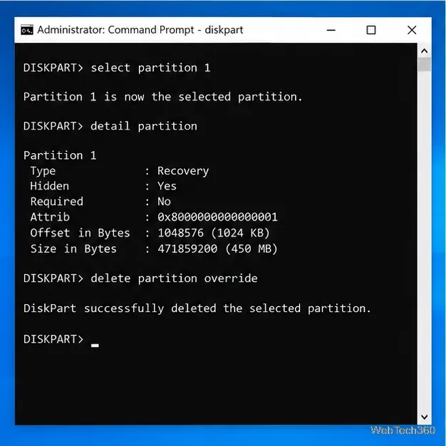 DiskPart detail partition output followed by the delete partition override command and a successful deletion message